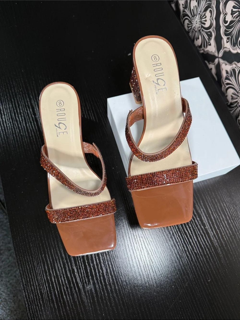 Rouge Brown Sparkle Beaded Block Heel Sandals